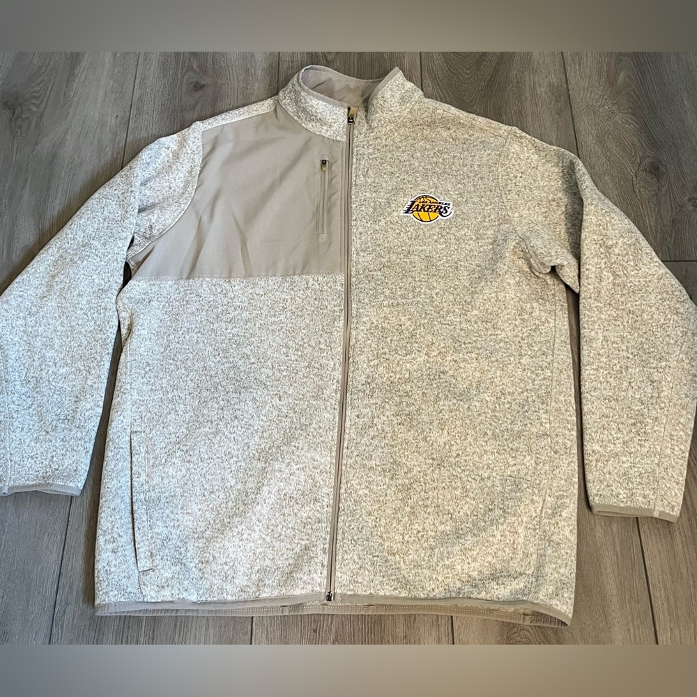 LA Lakers Antigua Fortune Full-Zip Fleece Jacket Heather Oatmeal Pockets Mens XL